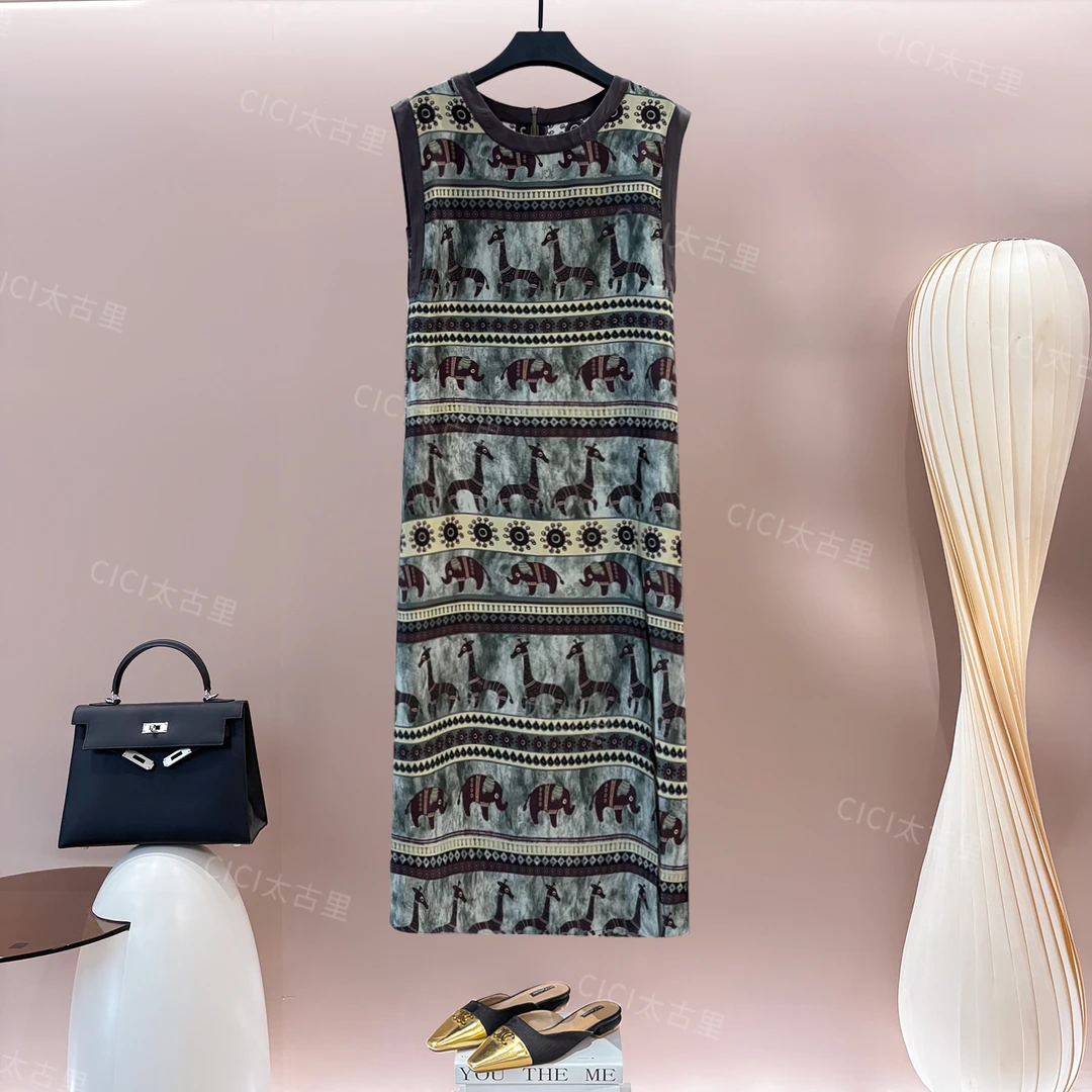 山涧鹿鸣 波西米亚度假民族风小象花纹醋酸凉感连衣裙LL-6000091
