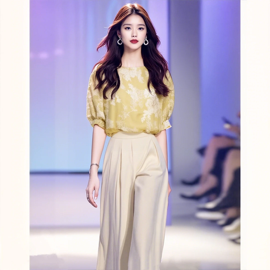 SS1090茉香风浅剪纸印花灯笼袖小衫休闲上衣女25夏短袖时尚宽松