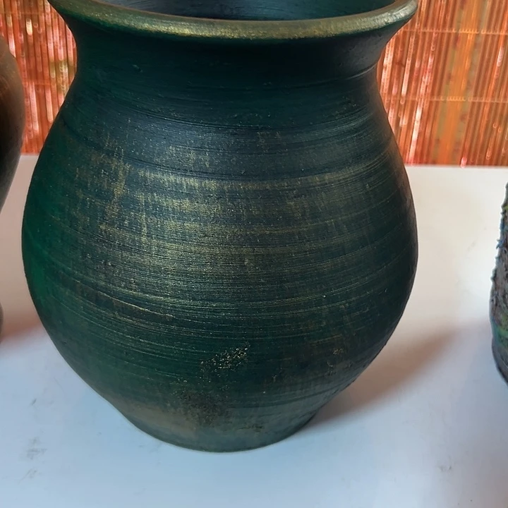 粗陶绿金福袋高20口14有孔