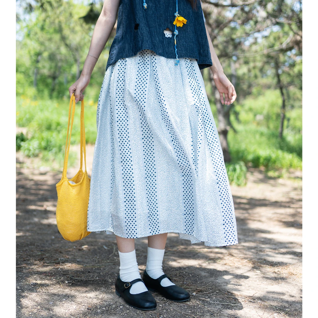 古苔蓝色印花半裙 浪漫诗人 空气感半身裙 好看又好穿的日系裙子