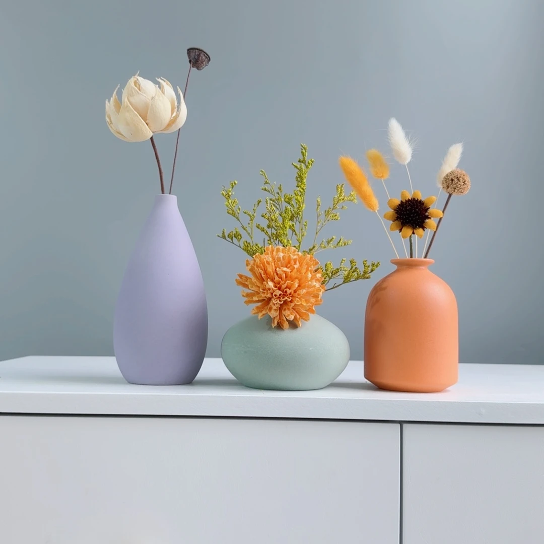 瓷片陶瓷小花瓶摆件含干花总高约20-30cm