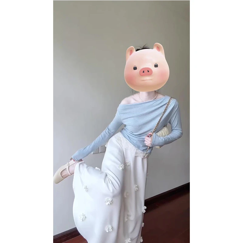 韩系甜辣妹斜肩蕾丝拼接天蓝色不对称下摆打底衫上衣女半身裙套装