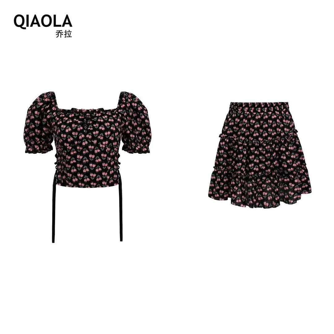 QIAOLA/乔拉【秘密花田】夏款印花方领木耳边减龄上衣裙子