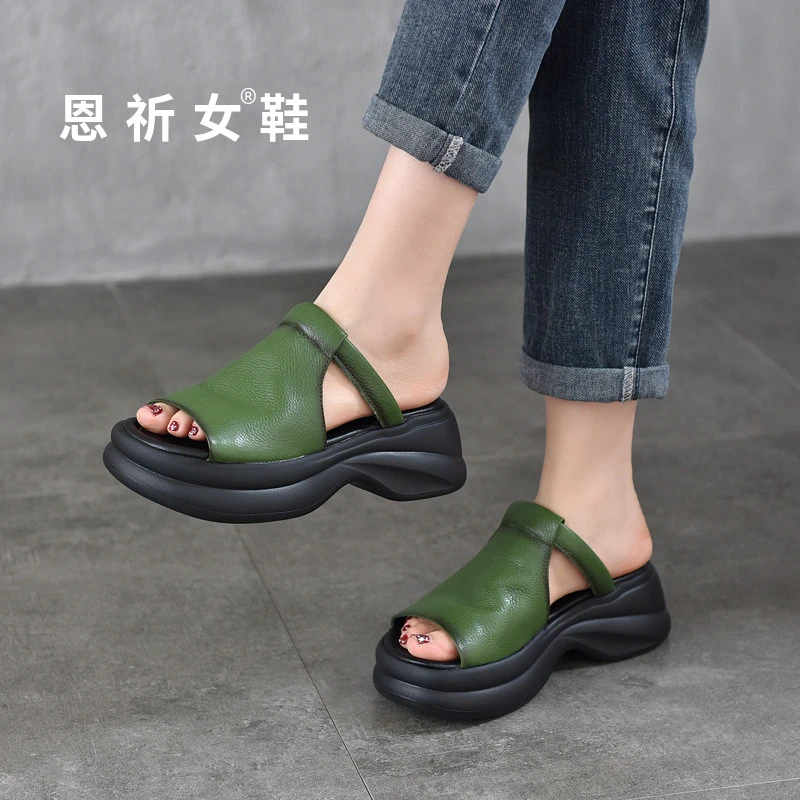 【超轻高跟（百搭舒适）—跟高6厘米】2025新夏外穿松糕跟真皮鱼嘴拖鞋