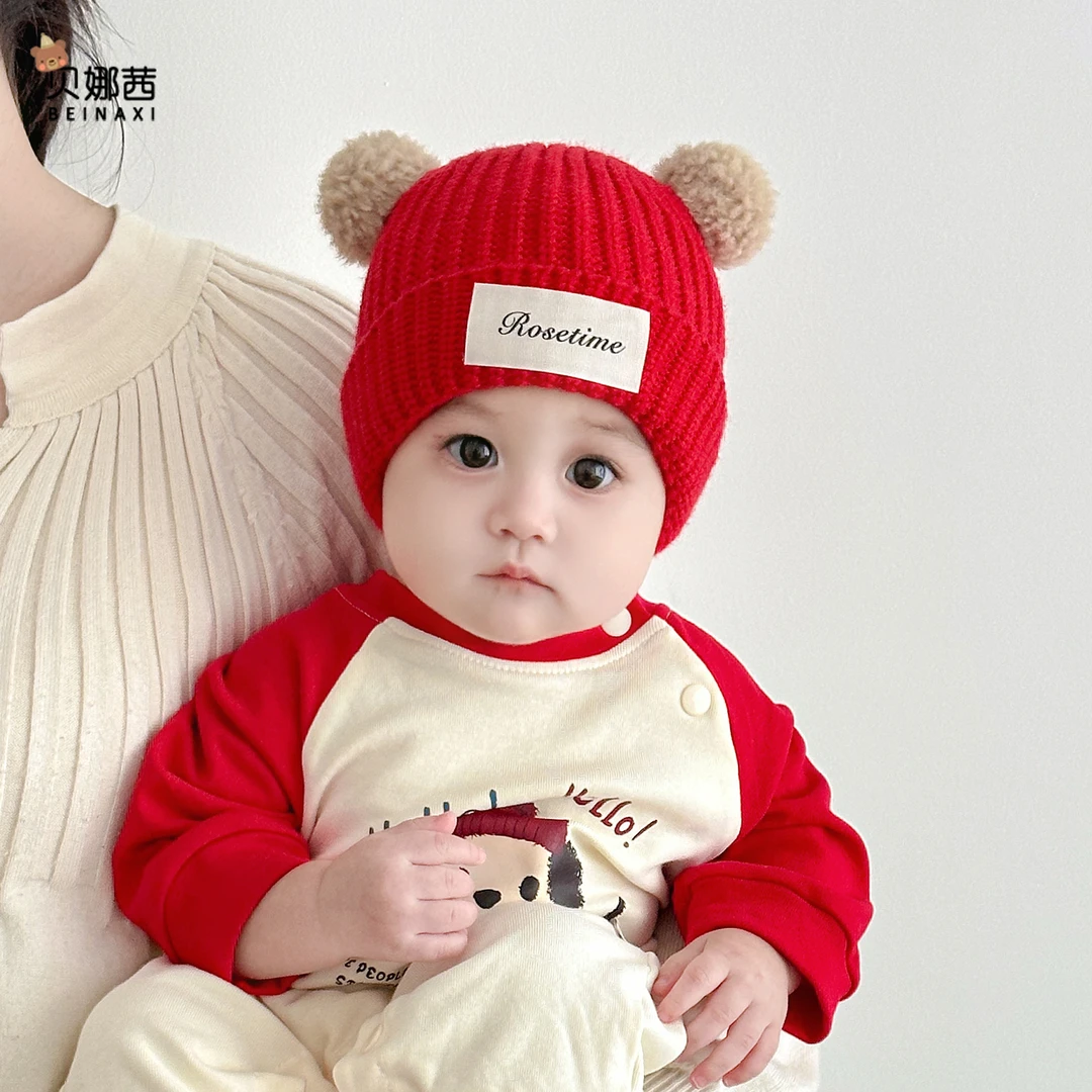 Beinaqian/贝娜茜婴儿帽子秋冬季宝宝红色周岁帽婴幼儿过年护耳帽