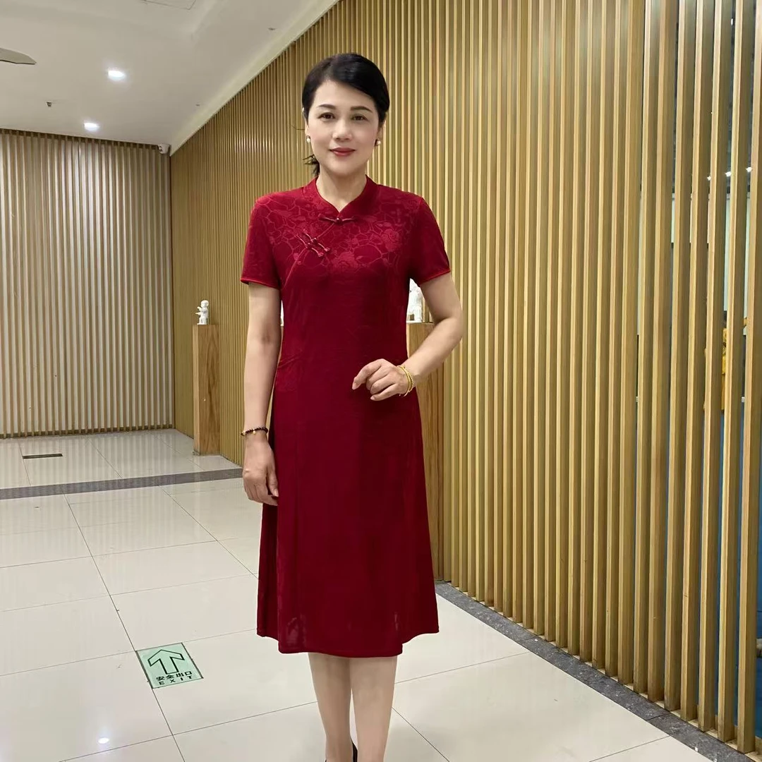 2025新款妈妈装洋气中式短袖旗袍裙复古盘扣连衣裙婚礼宴会迎高考