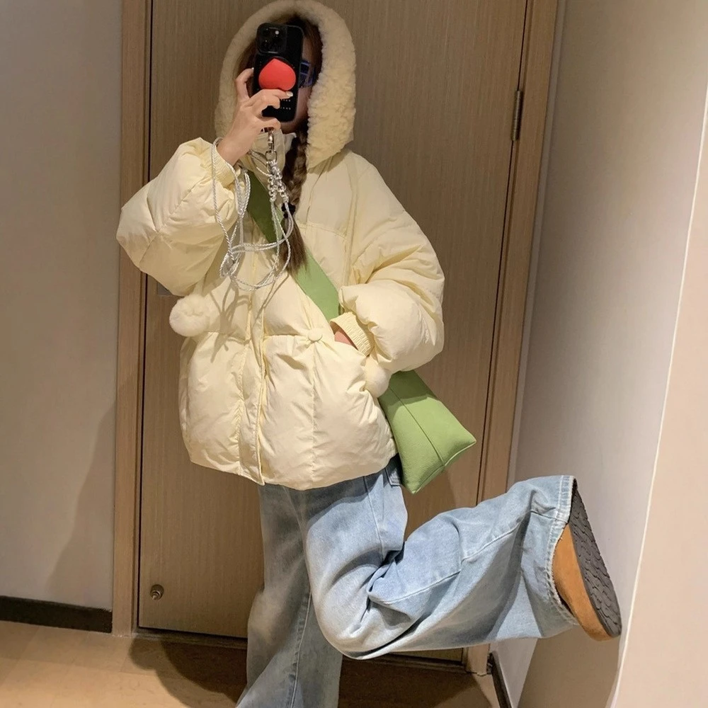 棉服女2025冬季新款韩版宽松超可爱面包服加厚羊糕毛帽子立领外套