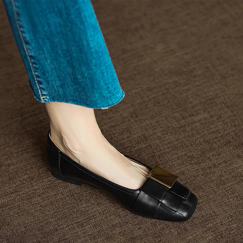 真皮断码清仓方头编织浅口单鞋女低跟2025春秋新款平底小皮鞋百搭