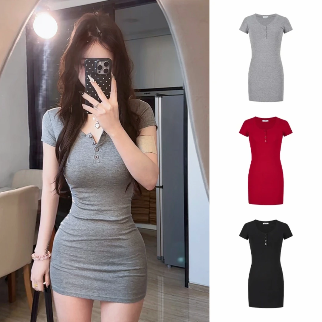 Moses Queen/魔西女王纽扣半开领短袖连衣裙夏季收腰紧身包臀短裙