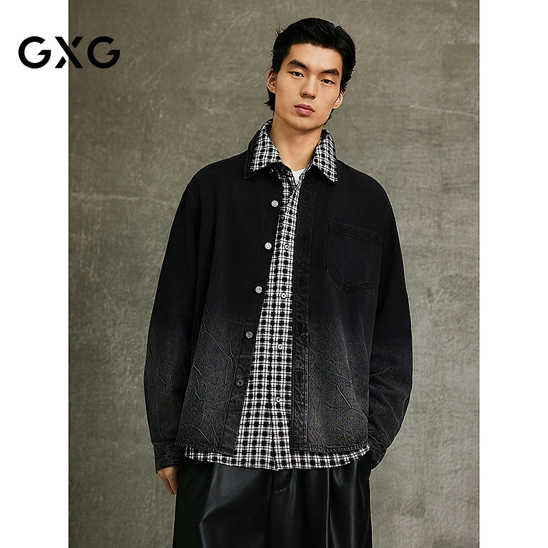 GXG男装黑灰色渐变水洗翻领牛仔衬衫外套25年春秋新品#G25XE91002