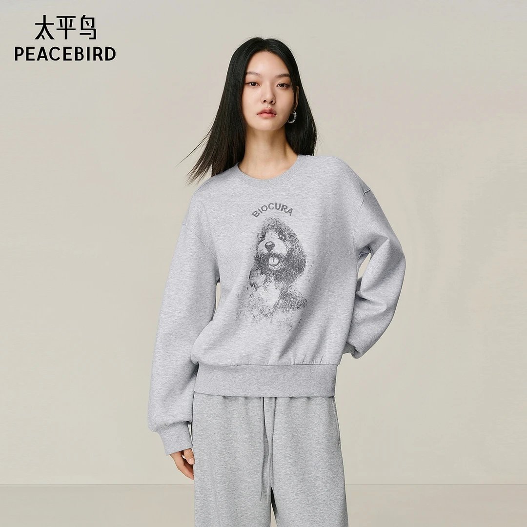 【商场同款】太平鸟圆领套头空气层小狗刺绣图案卫衣新A3CRF4403