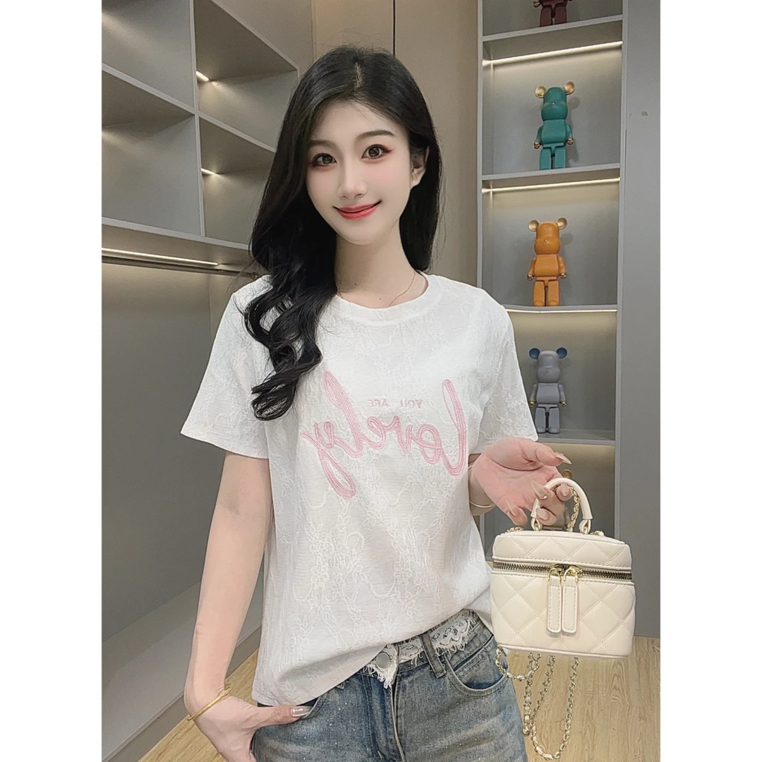 重工刺绣 新款设计感蕾丝工艺百搭洋气圆领短袖T恤女-25187