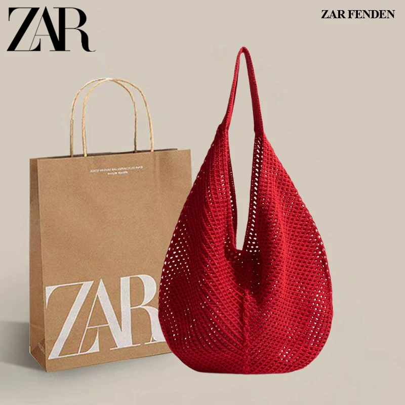 ZAR FENDEN小众ins森系编织镂空针织包大容量慵懒度假单肩托特包