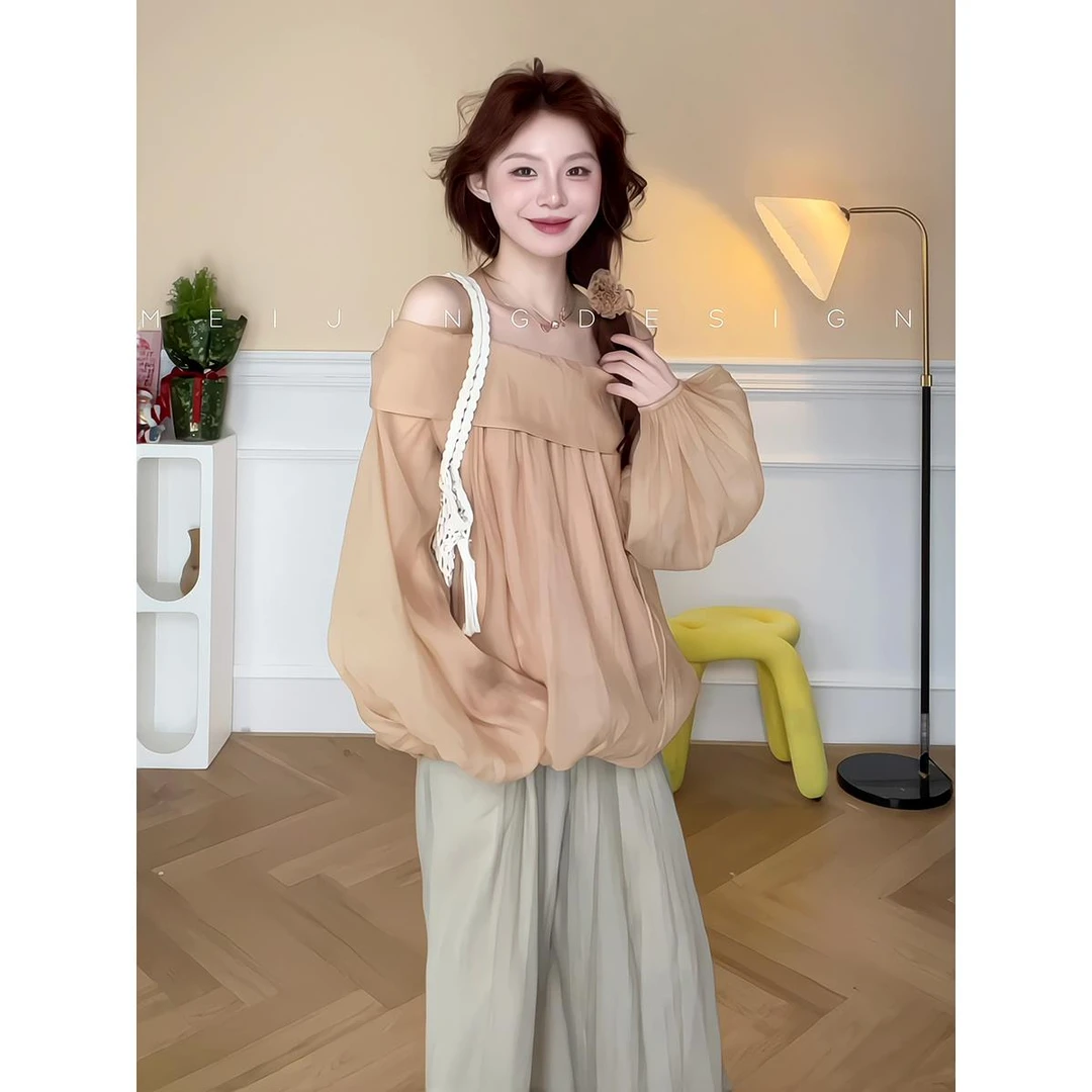 VOCKOO官方松弛感百搭一字肩高级上衣女装2025春季新款防晒灯笼袖