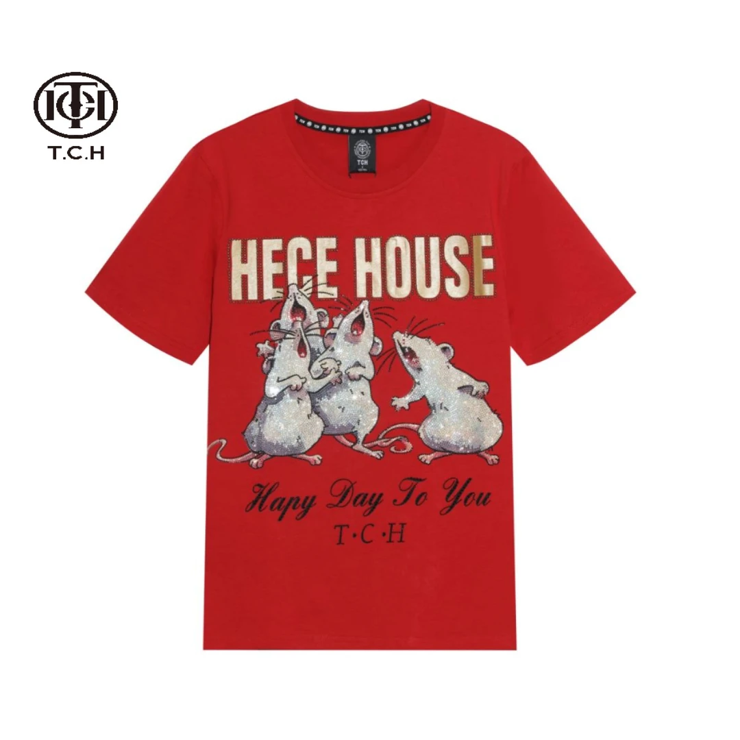 TCH服饰店播男装-潮牌小老鼠烫钻红色T恤T21310C6001