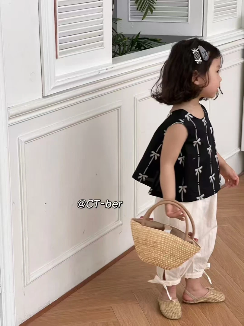 DM【贝尔家256601黑上衣竖条蝴蝶结套】童装