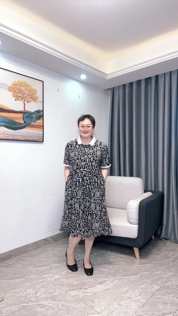 法式休闲风娃娃领拼接撞色中长裙连衣裙提花气质短袖