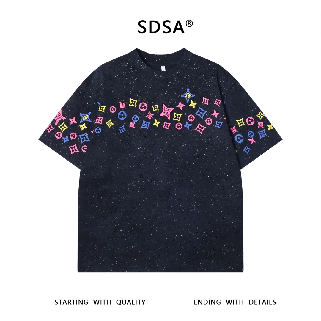 夏季高级感新款美式满天星彩色印花圆领短袖T恤百搭潮流时尚上衣