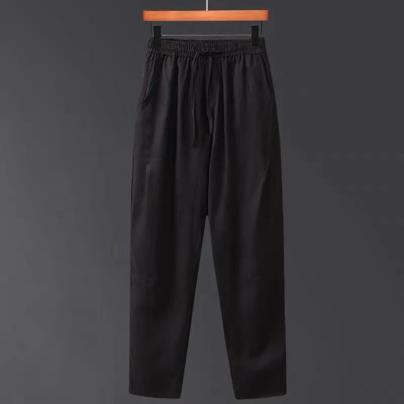 高端夏亚麻男士休闲宽松阔腿小脚裤潮流青年文艺复古长裤清凉薄裤