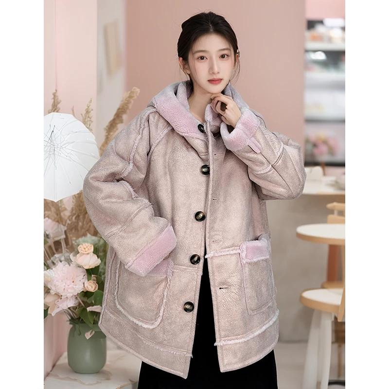 【薇哥内部自营】连帽中长款大口袋单排扣毛朝里羊毛羊剪绒外套