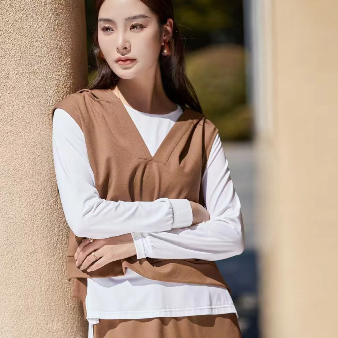 纯色针织连帽无袖宽松洋气百搭真两件套女