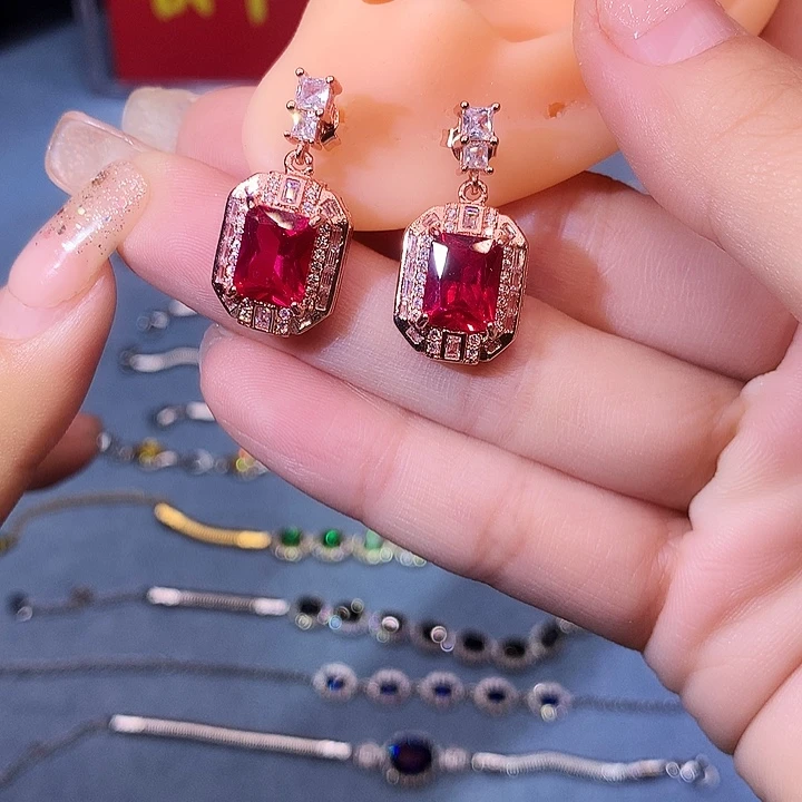红宝石耳饰银S925镶嵌