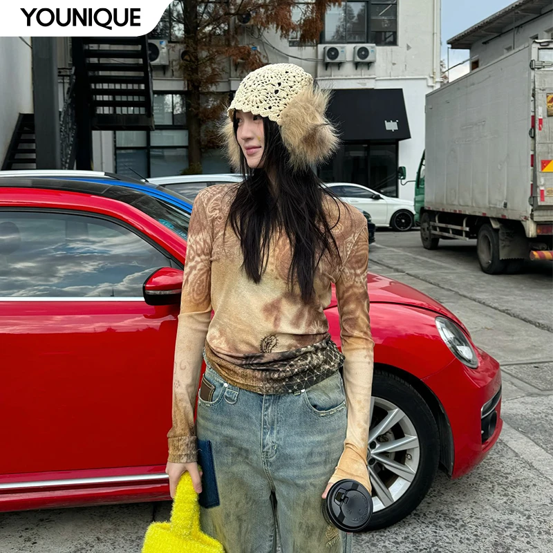 【FORDARE】新品25春夏斑斓黄色腰果花修身收腰打底衫长袖女