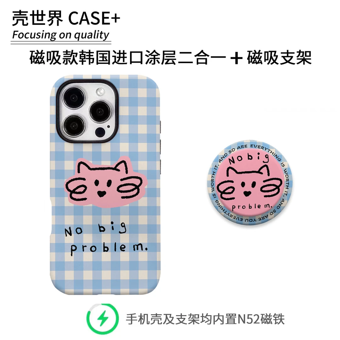 ins风格纹小猫磁吸支架菲林二合一适用华为苹果16/15手机壳 小米