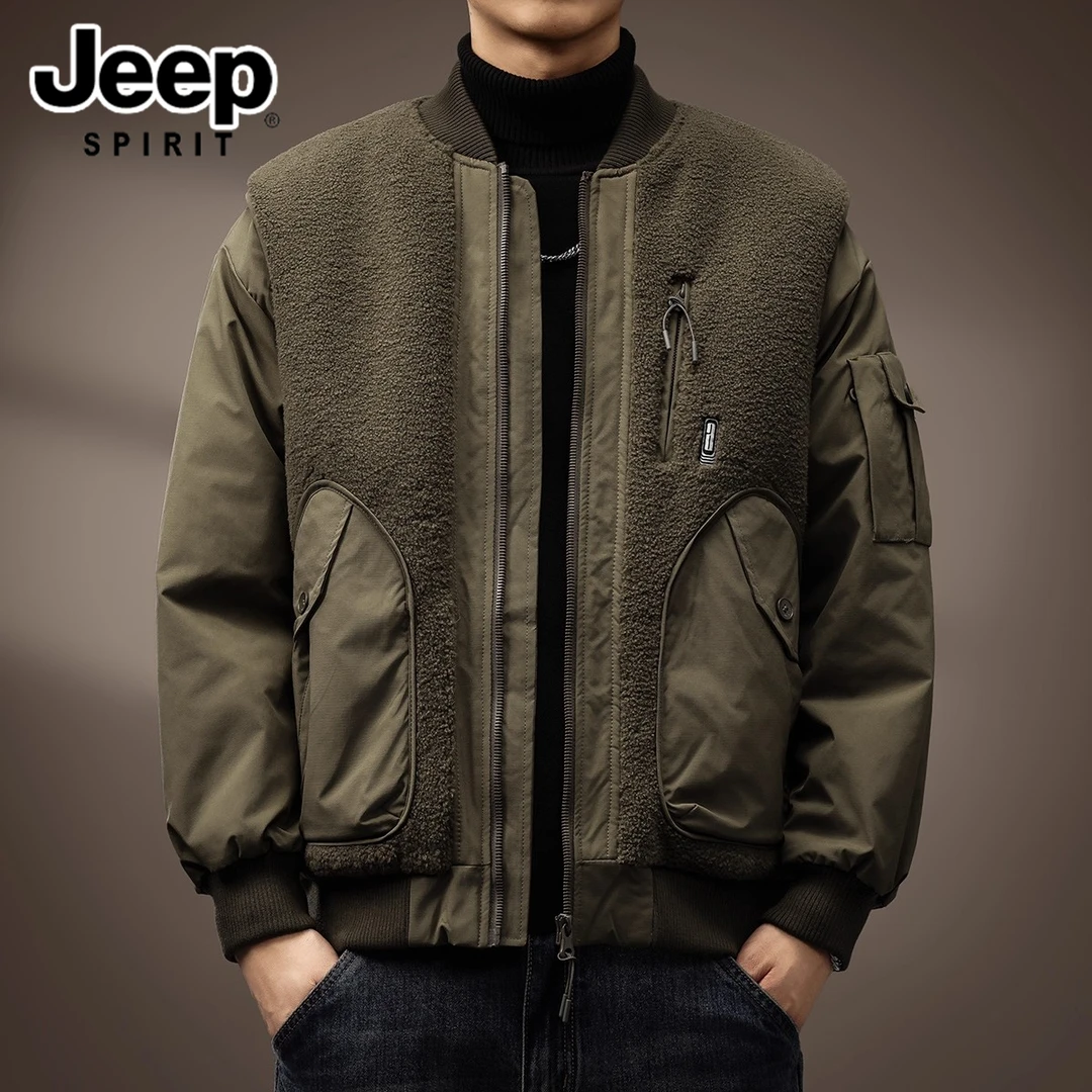 JEEP吉普颗粒绒拼接保暖夹克男秋冬季厚款工装飞行员夹克宽松棉服