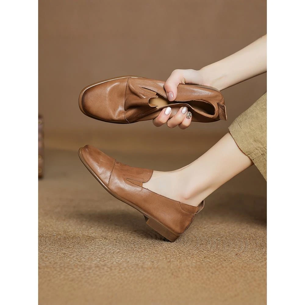 真皮覆古棕色女式乐福鞋2025新款春秋季英伦风格小皮鞋单脚平底鞋