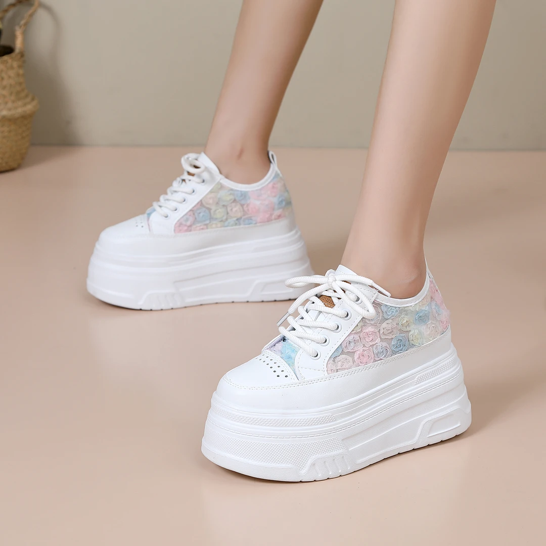 增高10、12cm夏季网面超高跟小白鞋时尚休闲鞋白色透气内增高鞋