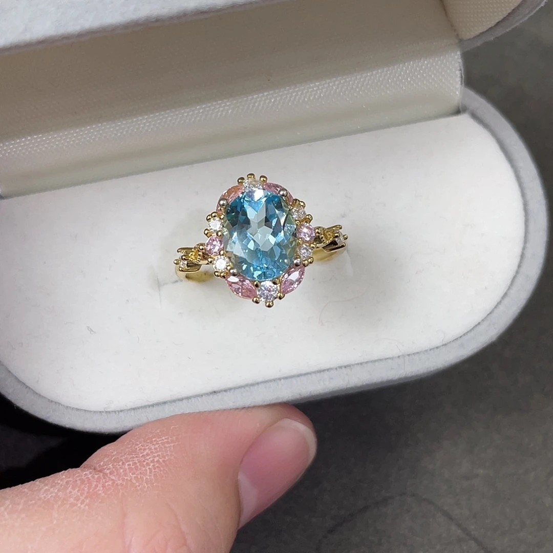 托帕石戒指银S925镀金镶嵌托帕石戒指