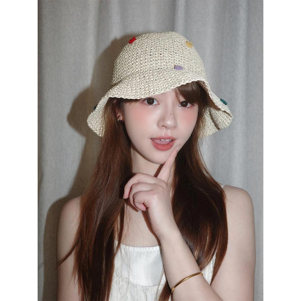 可爱彩色糖豆透气度假草帽子女夏季海边遮阳帽可折叠渔夫帽夏天