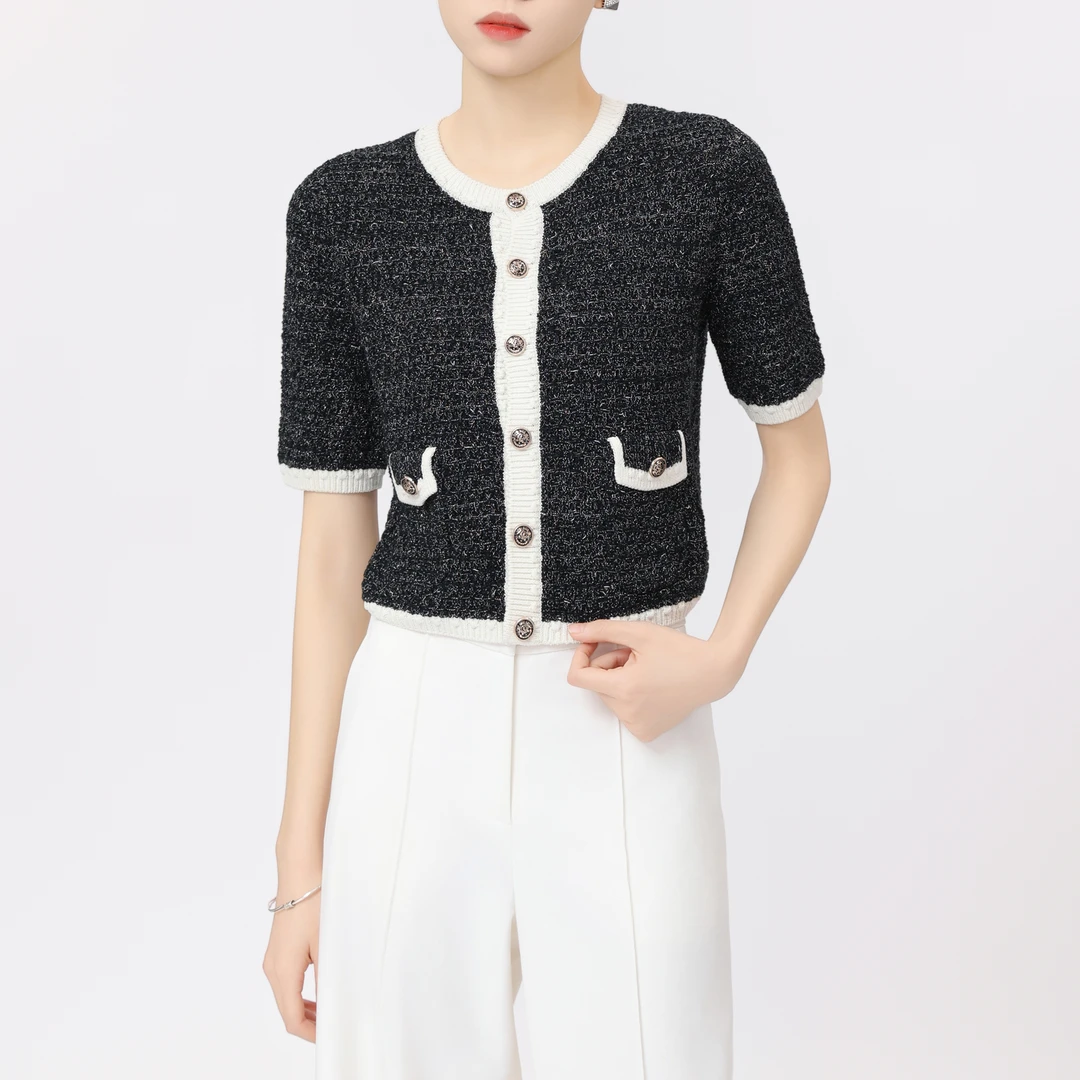 AMASS/阿玛施优雅气质百搭圆领中袖小香风短款针织开衫女5499206