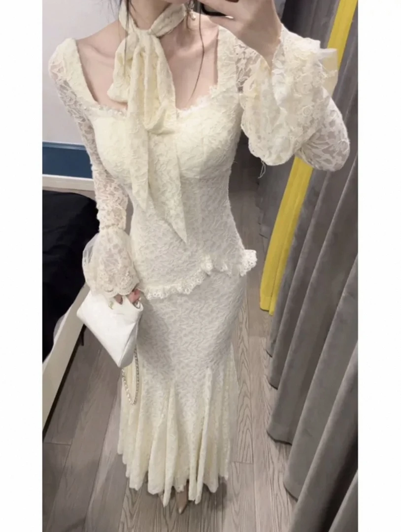 “雪绒恋人”法式复古蕾丝连衣裙女秋冬高级感长裙（有胸垫）