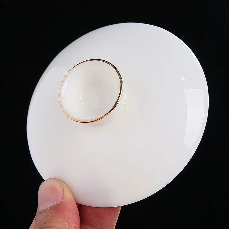 羊脂玉白瓷盖碗盖子描金盖碗单盖子三才盖碗陶瓷盖子悬停盖碗