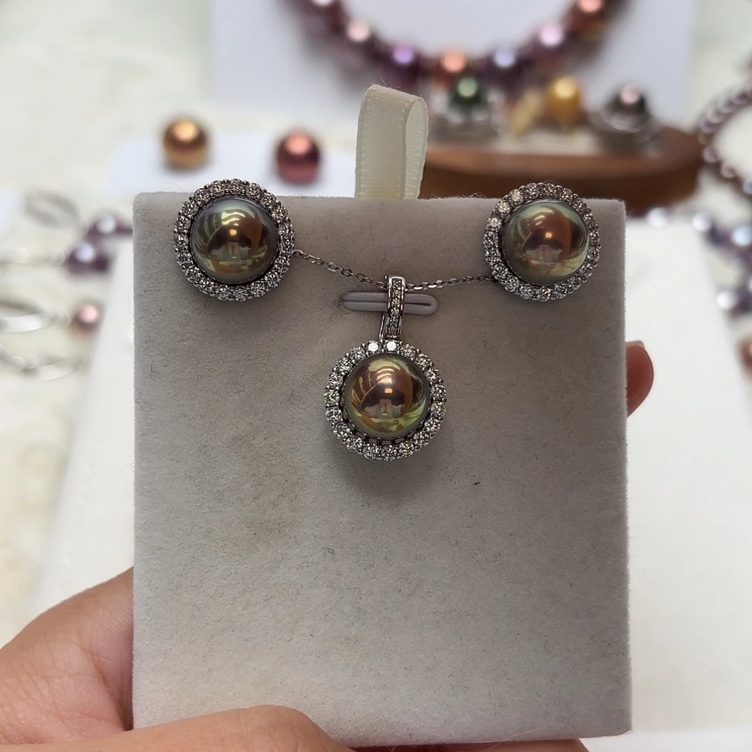 淡水珍珠套链银S925镶嵌10-11正圆牛油果