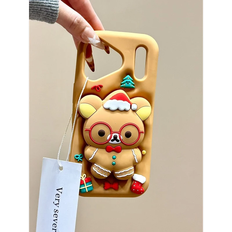卡通圣诞风轻松熊伸缩支架适用苹果17promax硅胶手机壳15iphone16