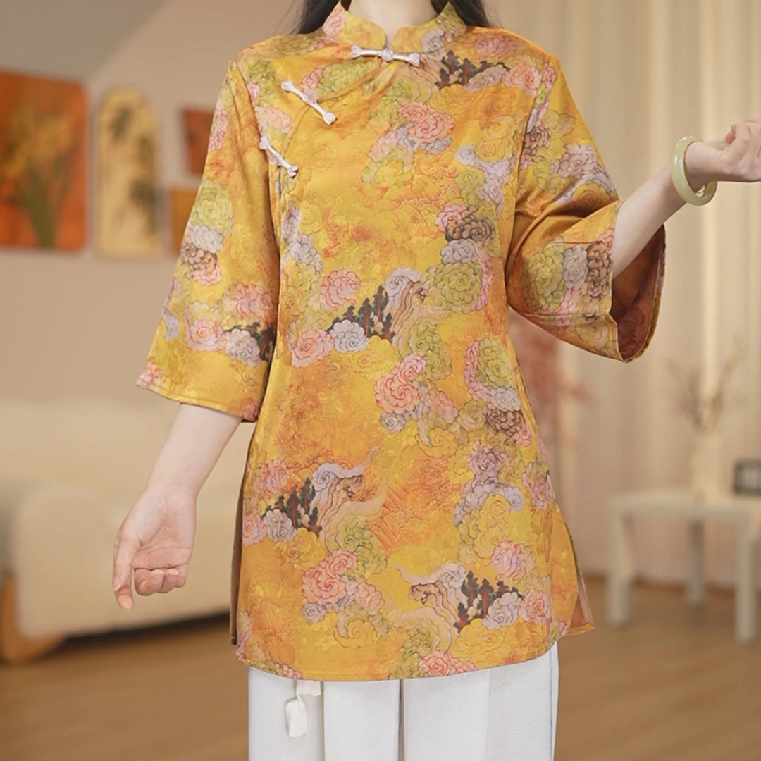 【3111-金樽玉贵】改良新中式国风复古宽松七分袖上衣奥黛-飞