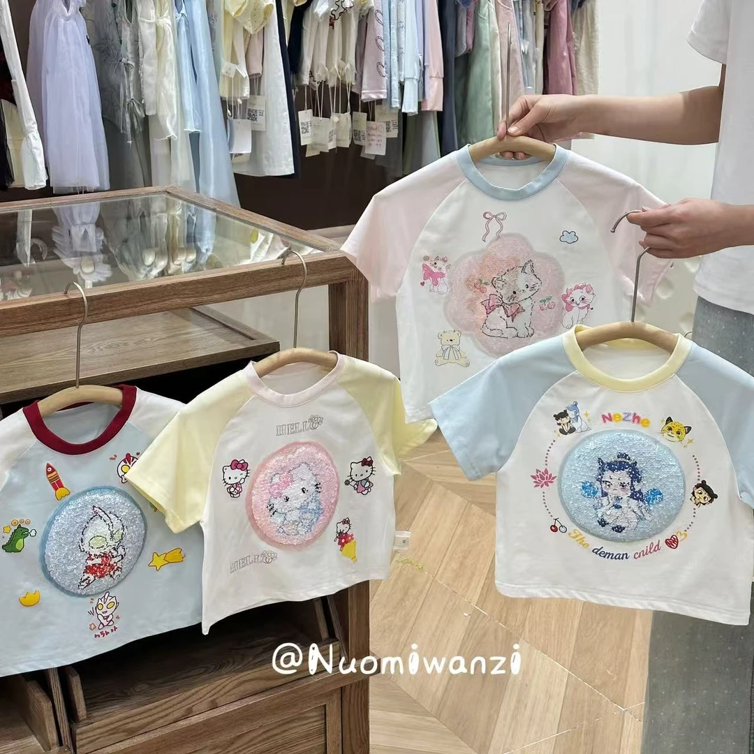 丸子十【百变魔术大师】神器百变翻翻亮片插肩袖T恤（夏款）WZJ-23648