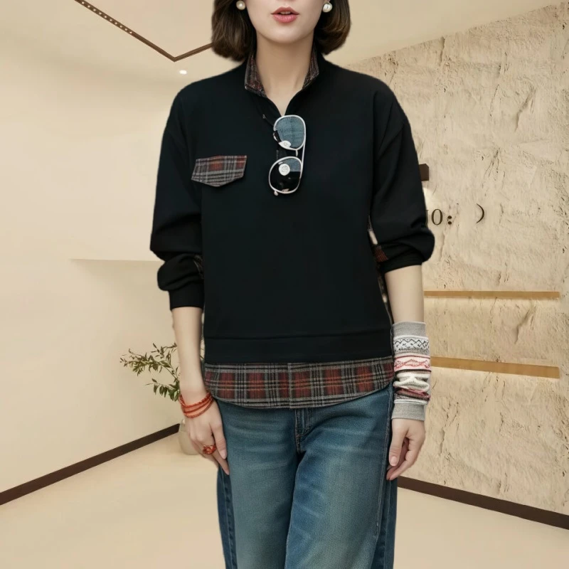 早秋新款立领休闲潮流百搭撞色拼接长袖衬衫女装休闲内搭外穿上衣