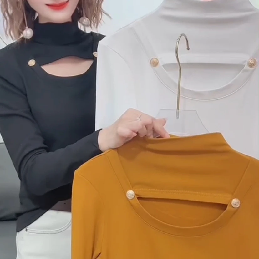 秋冬镂空设计感半高领长袖修身显瘦洋气百搭加绒打底T恤女上衣