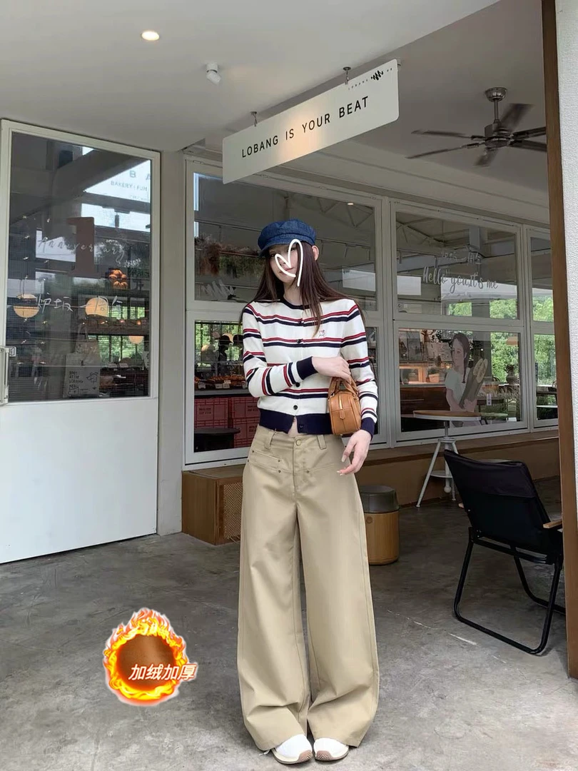 （现货）美拉德慵懒风2025秋冬加绒直筒休闲裤女复古百搭阔腿裤子