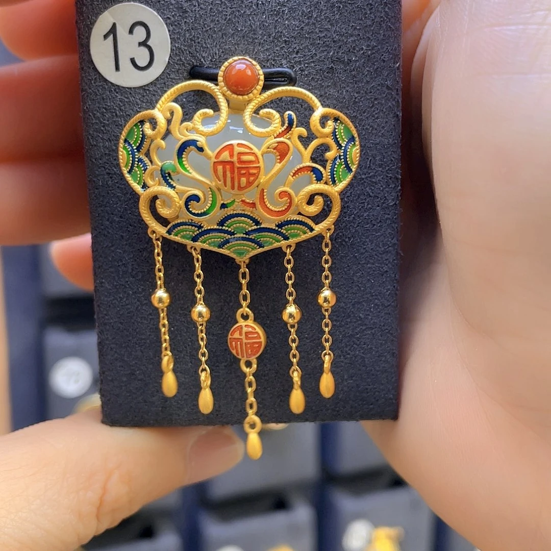 和田玉颈饰银S925镀金镶嵌