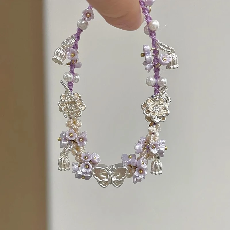 足银手链 S999足银紫色莲花蝴蝶编织手绳清冷感手链高颜值手饰女