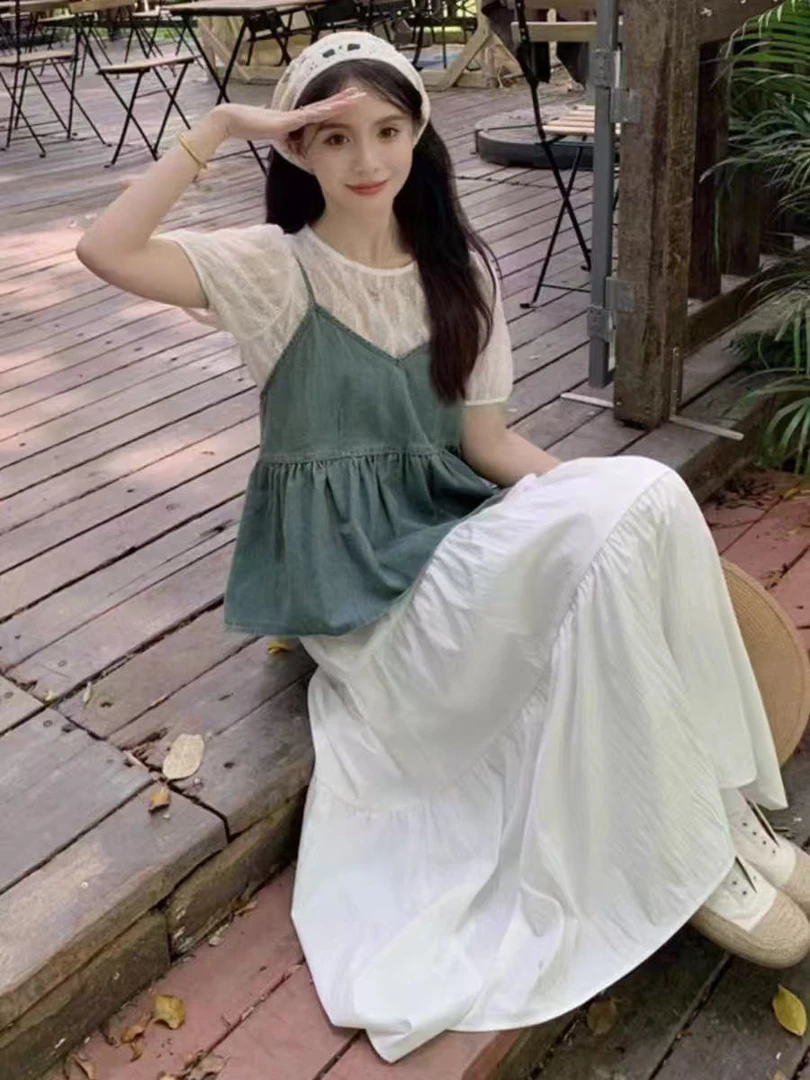 夏季百搭休闲牛仔吊带上衣半裙三件套- 9525