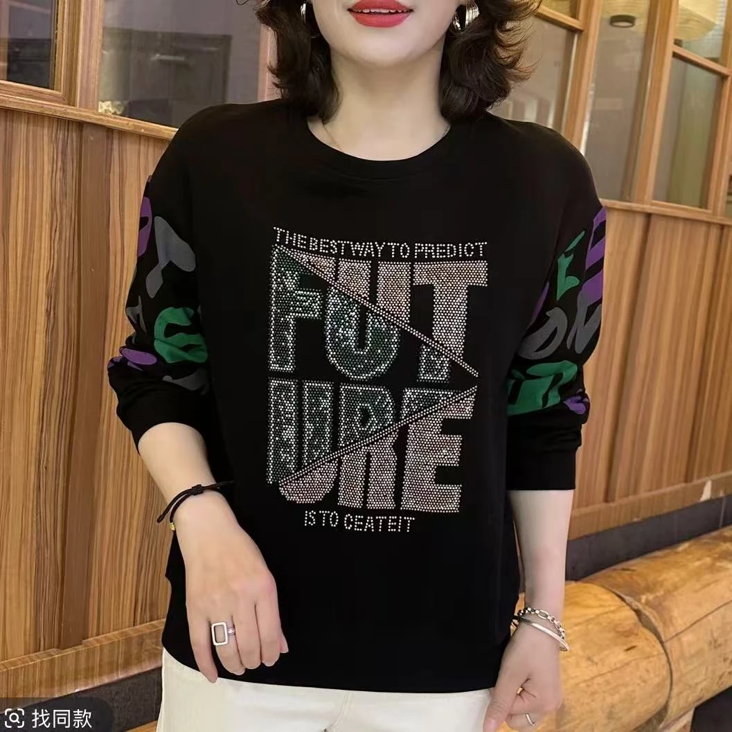 春秋新款圆领卫衣烫钻字母手臂胶印长袖女士时尚洋气百搭套头上衣