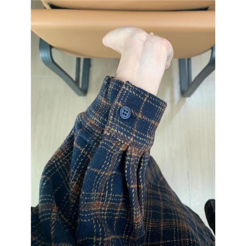 港风藏蓝色格子衬衫衬衣外套加厚磨毛秋冬叠穿上衣2024年新款衬衣