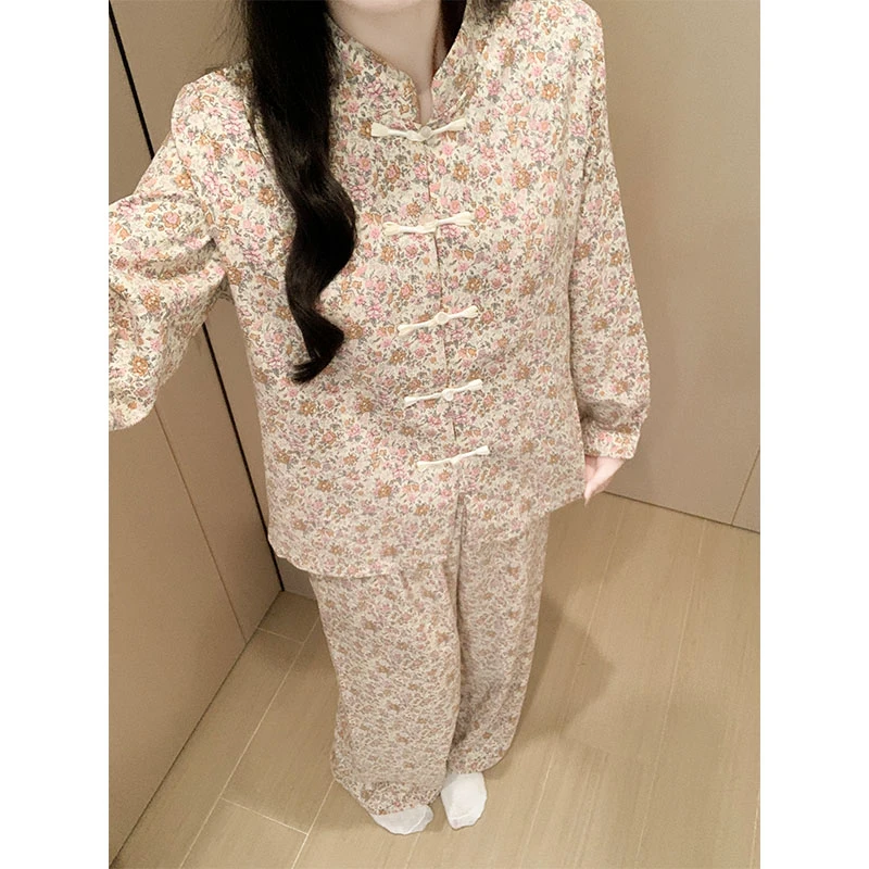 2025春秋款睡衣女士国风碎花高级感长袖带胸垫可外穿休闲风家居服