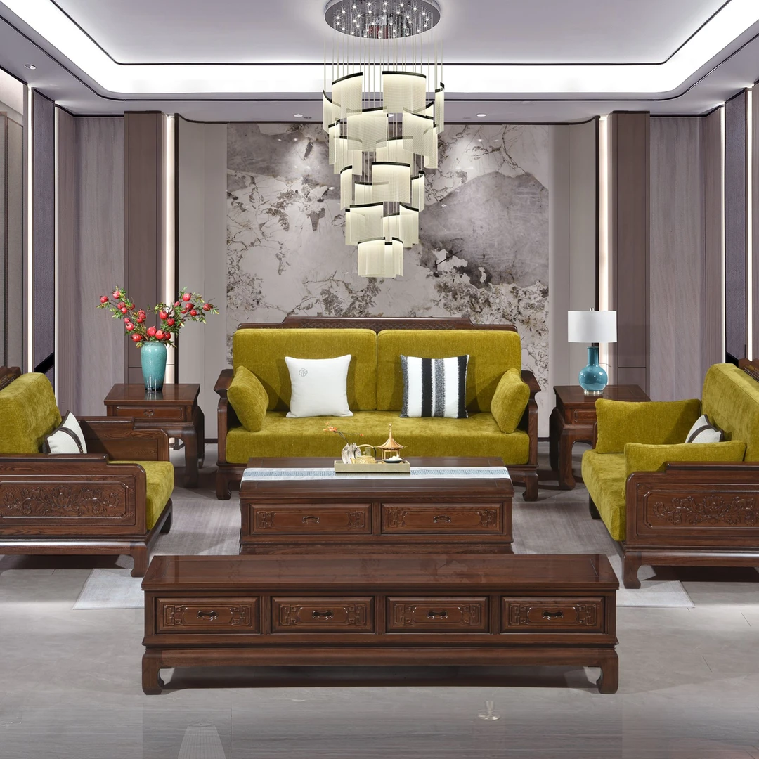 新中式花开富贵1+2+3组合简约风榆木新古典沙发茶几电视柜储物